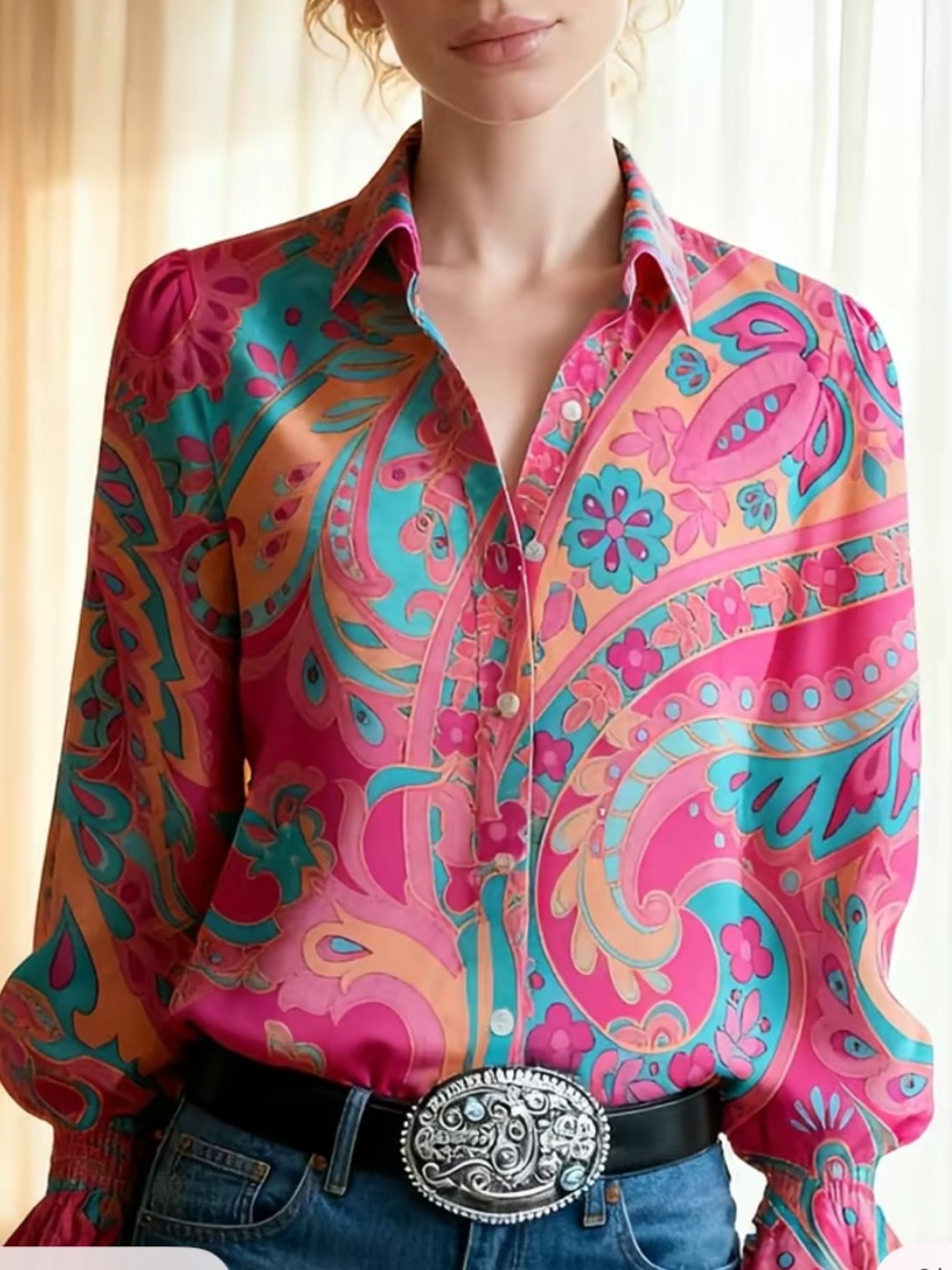 Pink Multi Paisley Button-Front Blouse - Picture 2 of 6